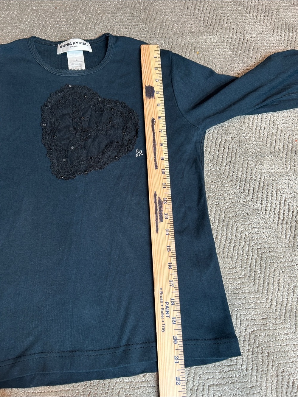 Sonia Rykiel Navy Crewneck Sweater with Black Lace Heart three-quarter sleeve L - Picture 6 of 8